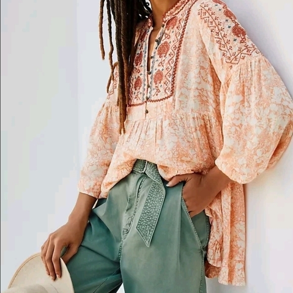 Anthropologie Pink Puff Sleeve Tunic with Mandarin Collar - Picture 1 of 6